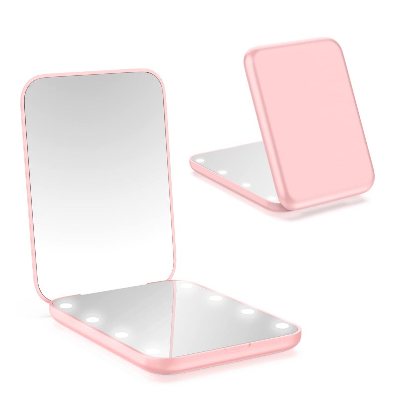 wobsion Small Mirror with Lights LED Compact Makeup Mirror 1x/3x Mini Travel Mirror with Magnification Portable Hand Held Mirror for Purse Pocket Gifts for Girls Pink - Image 1